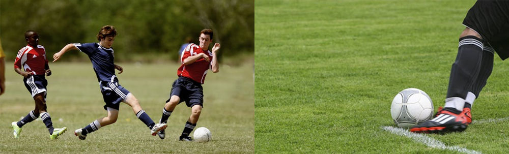 Multiple people playing football in a red and blue and blue sports tops going after a white t-shirt. 